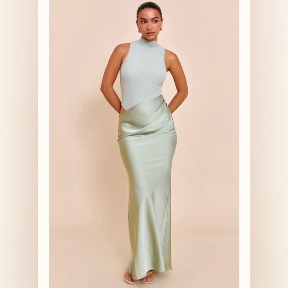 PrettyLittleThing Sage Green Mesh Racer Satin Skirt Maxi Dress - Picture 1 of 4